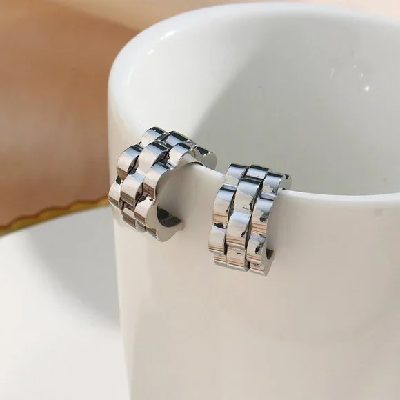 Vintage Chunky Watchband Hoop Earrings PVD 18K White Gold - Picture 5 of 12